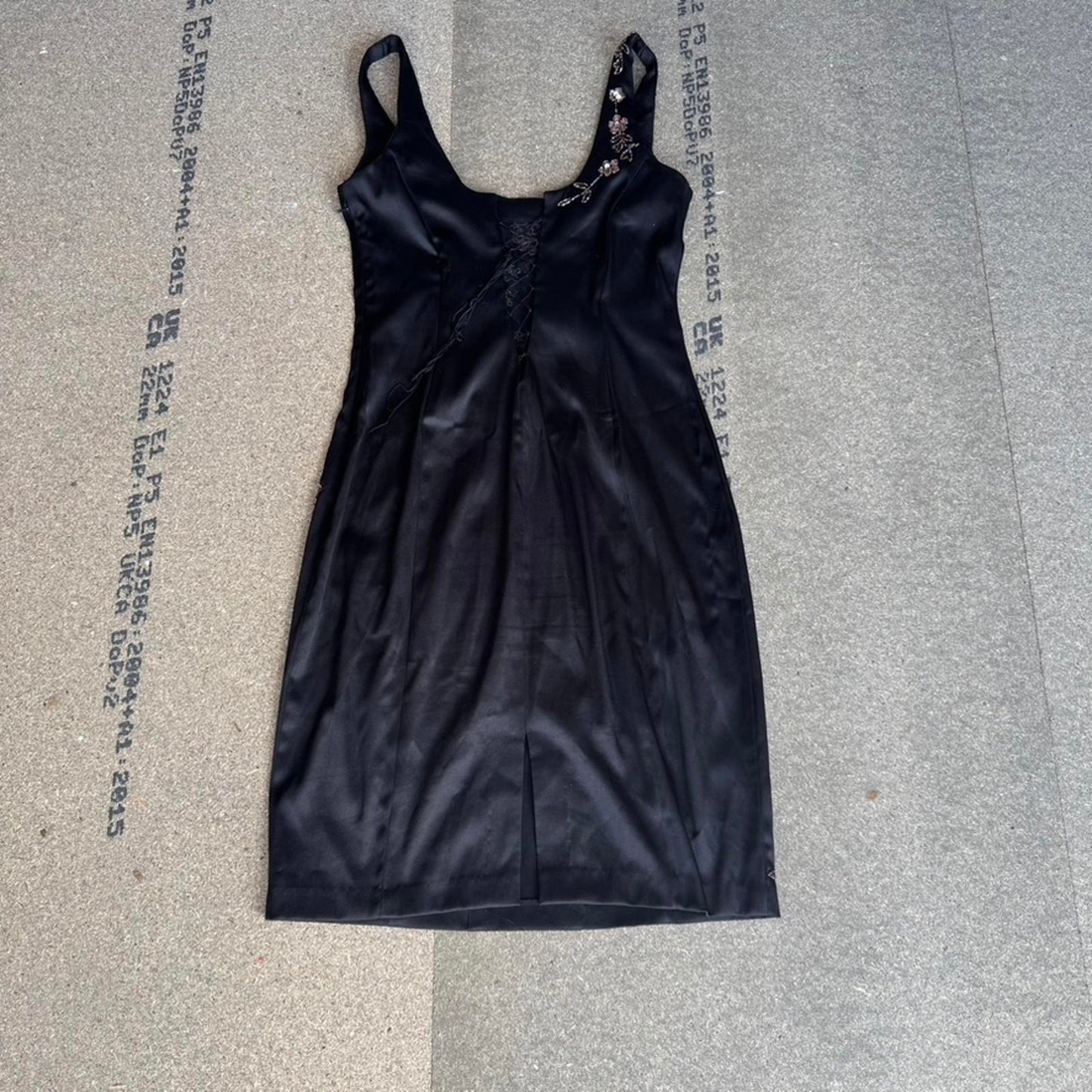 Y2K vintage satin style floral embroidered lace up midi dress fitted round neck