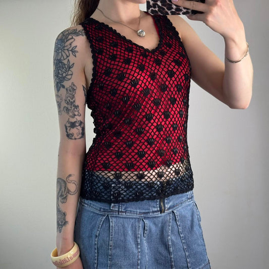 Y2K vintage crochet beaded tank top double layer red black v neck scallop hem
