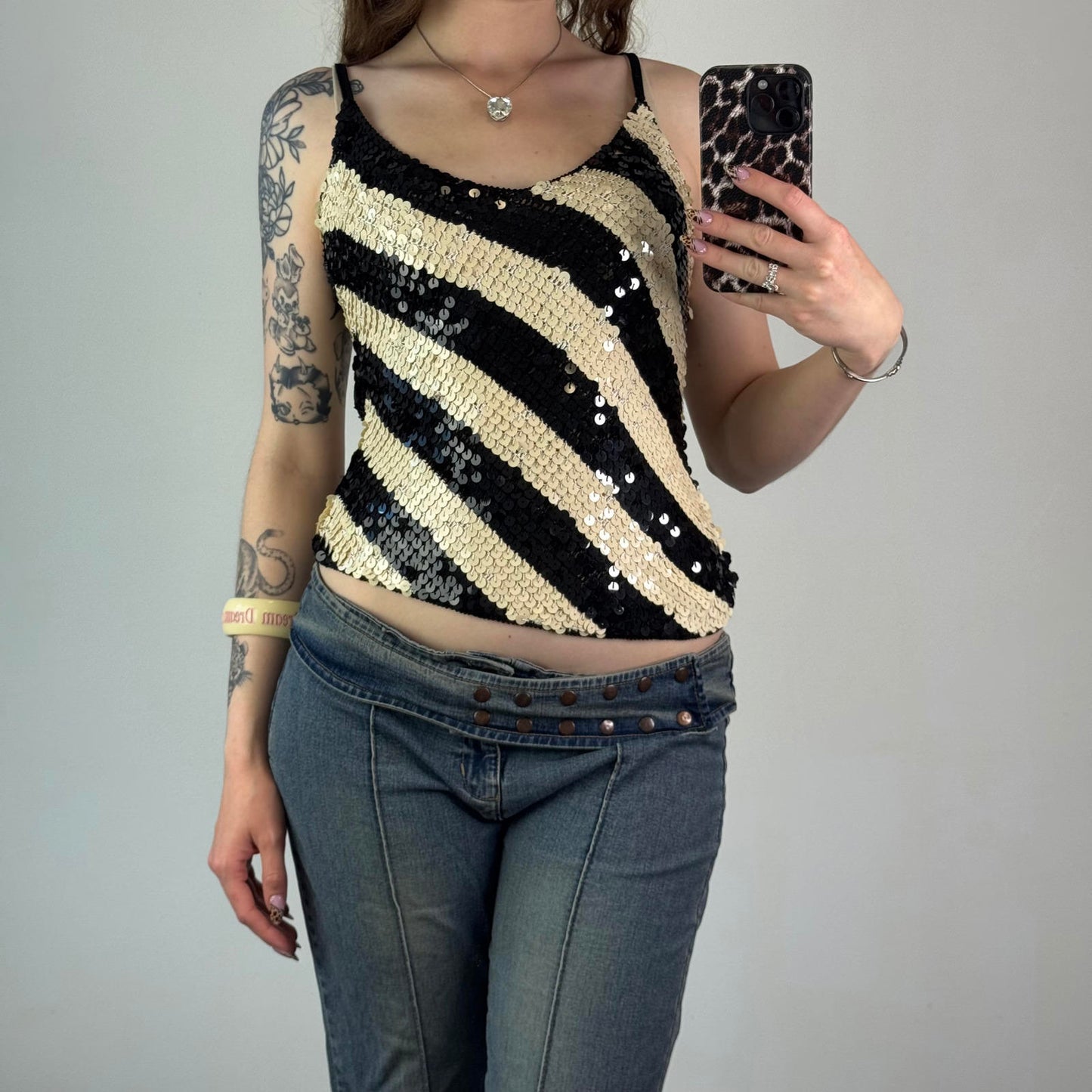 Y2K vintage sequin stripe cami top round neck crochet knit strappy festival