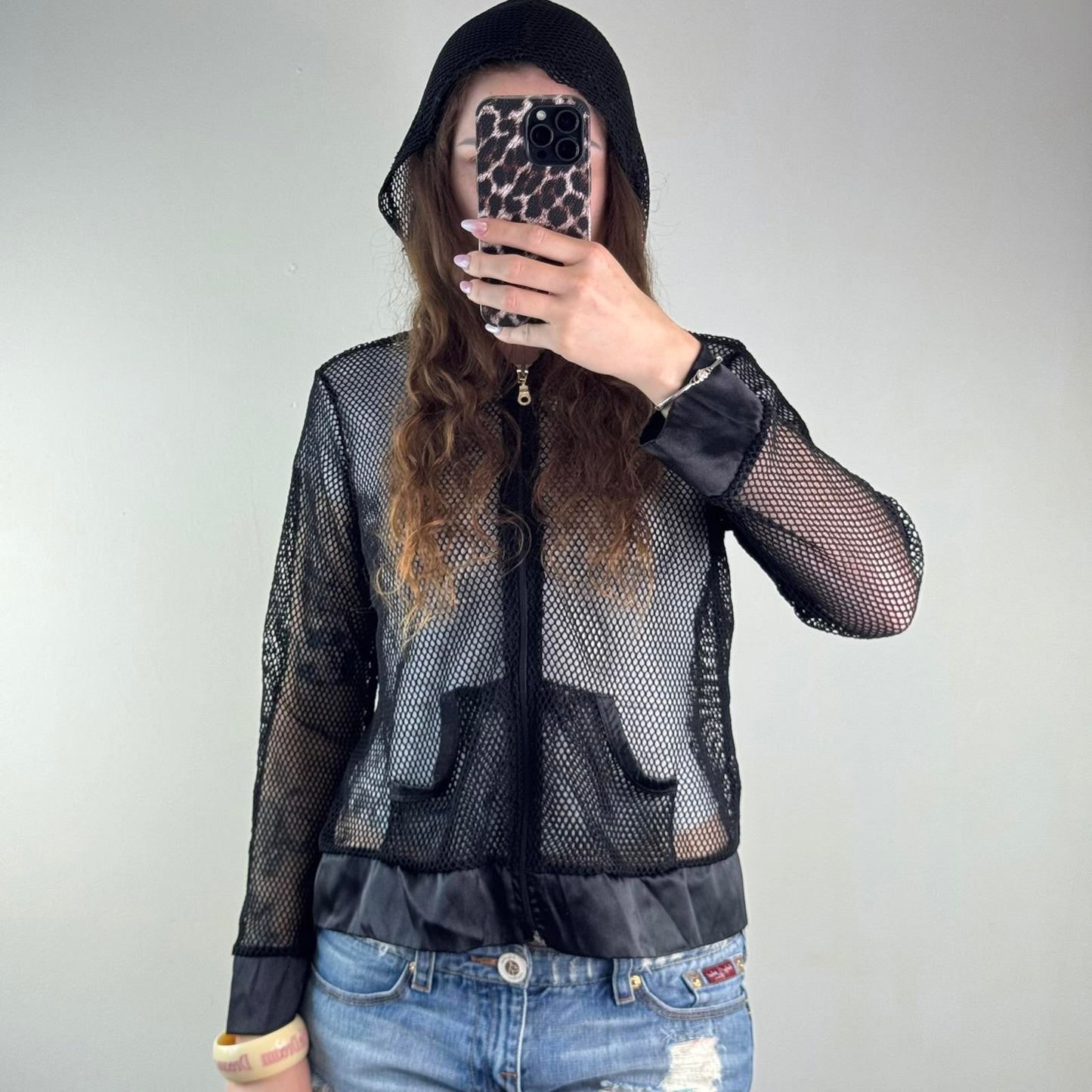 Y2K vintage fishnet mesh perforated zip up hoodie lightweight sheer see through