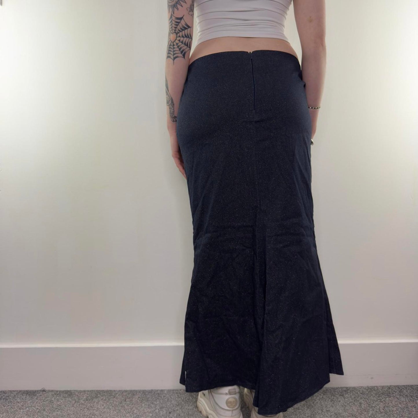 Y2K vintage sparkly denim fishtail fitted stretchy maxi skirt flattering