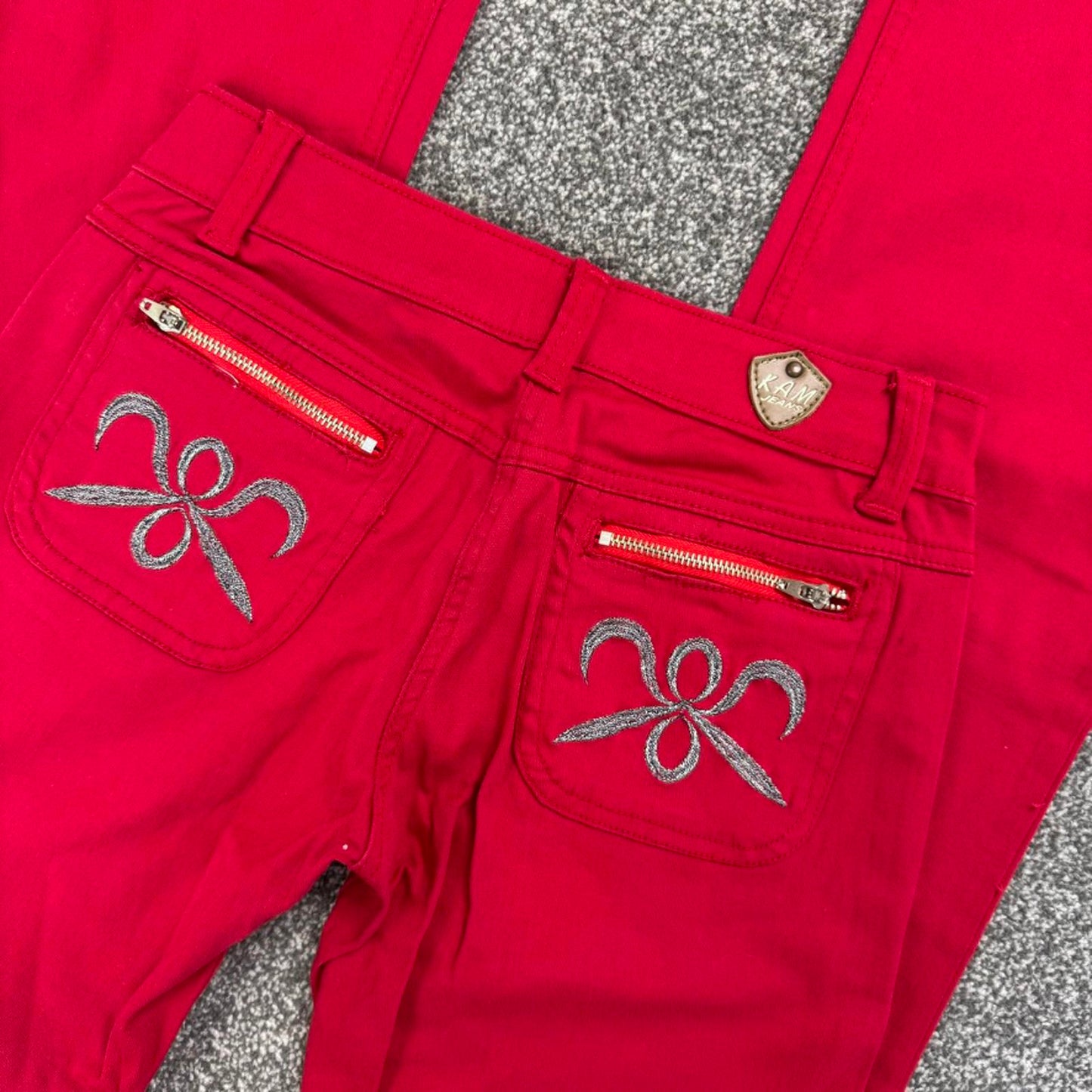 Y2K vintage low rise stretch bootcut jeans embroidered pockets bright red zipper