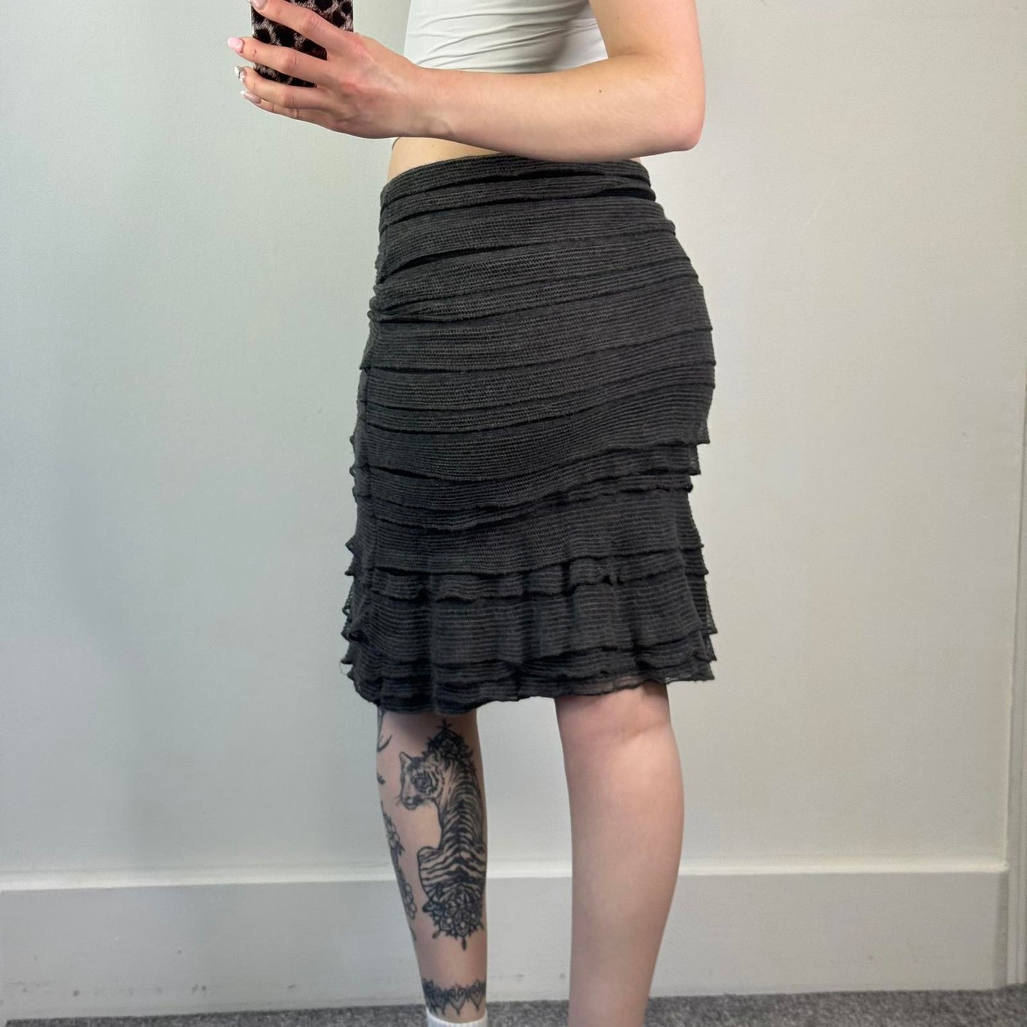 Y2K vintage frill hem layered knit fitted stretchy midi skirt mid rise archive