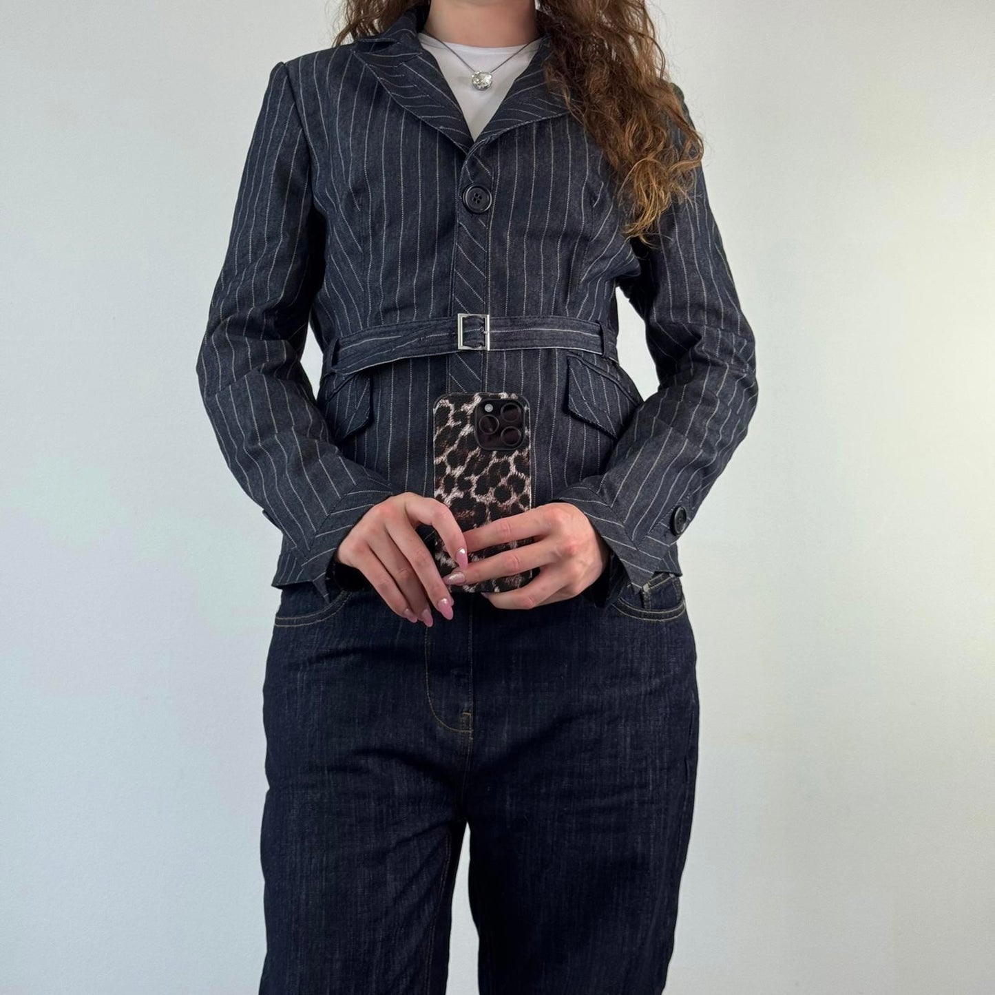 Y2K vintage Karen Millen navy denim pinstripe button up blazer jacket belt