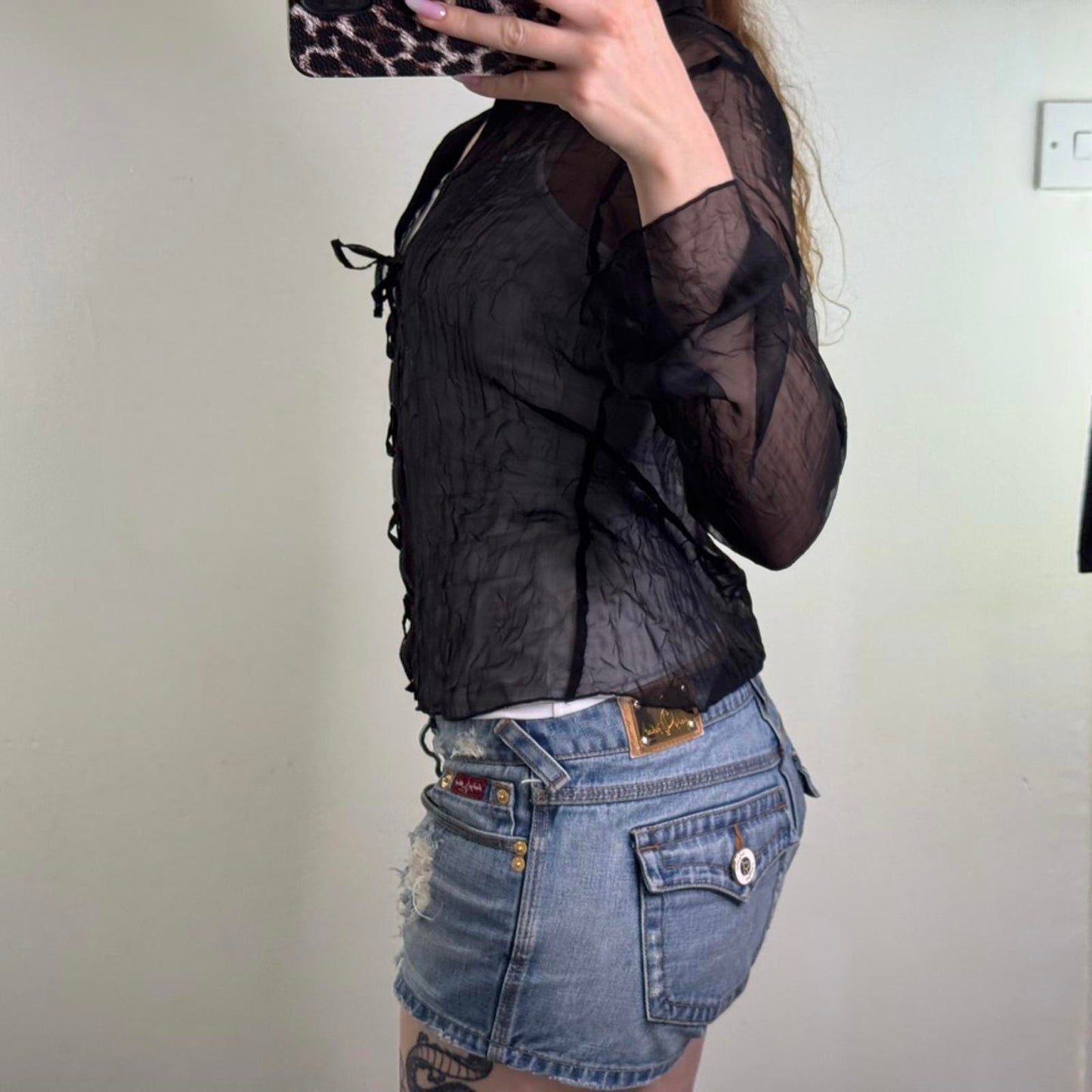Y2K vintage sheer long sleeve blouse shirt lace up v neck black lightweight