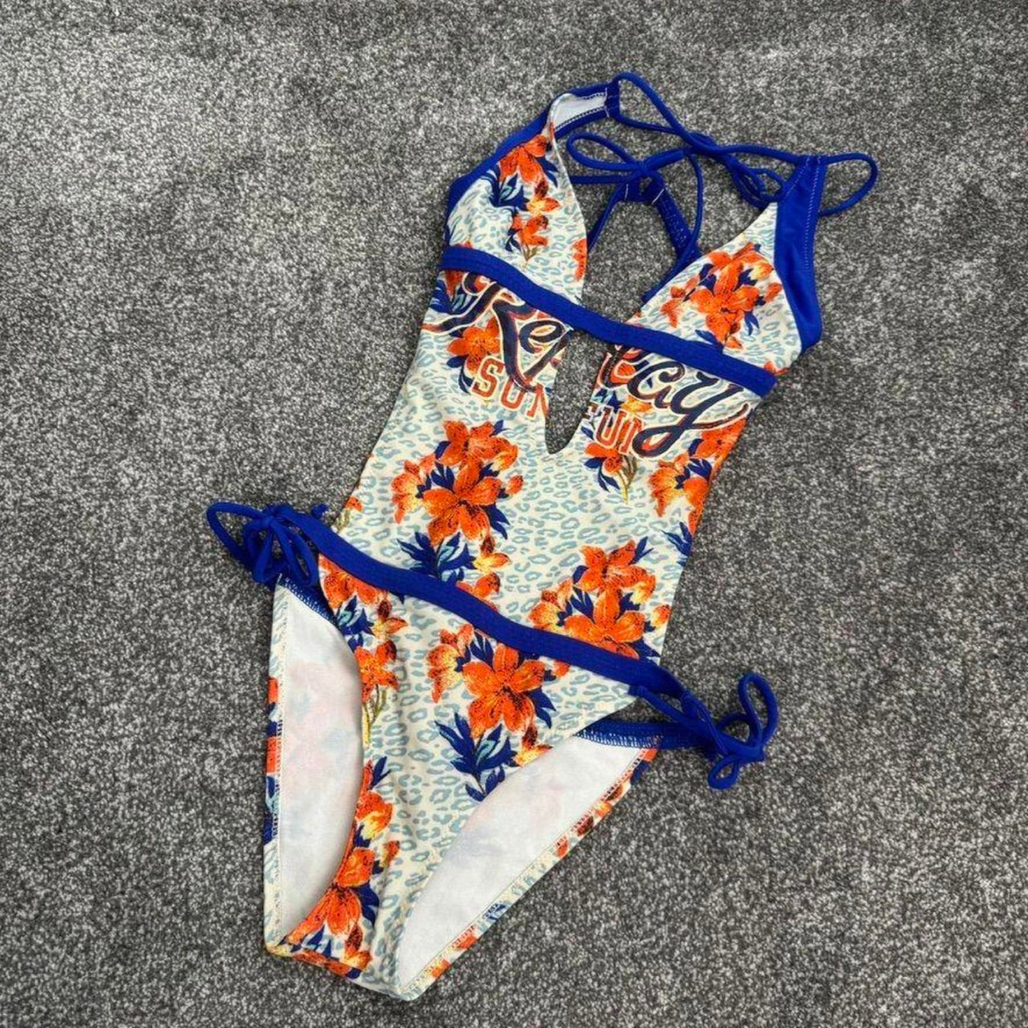 Y2K vintage leopard print monokini one piece swimsuit low v neck bust floral