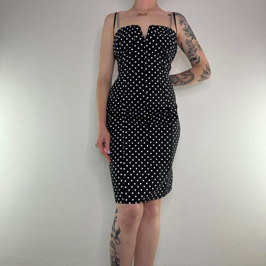 Y2K vintage polka dot zip up bust midi dress stretchy knee length square neck