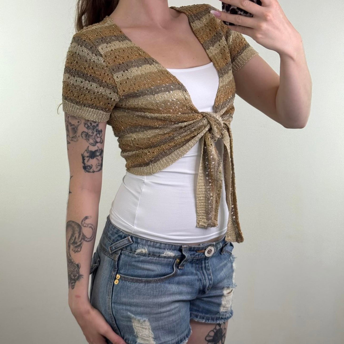 Y2K vintage Bay cropped tie bow front cardigan sparkly glitter stripe gold