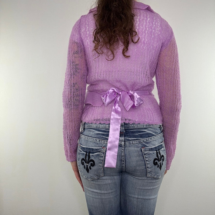 Y2K vintage crochet knit wrap around cardigan v neck long sleeve frill romantic