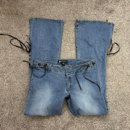 Y2K vintage JLO low rise flare lace up bootcut jeans stretchy faded denim bows
