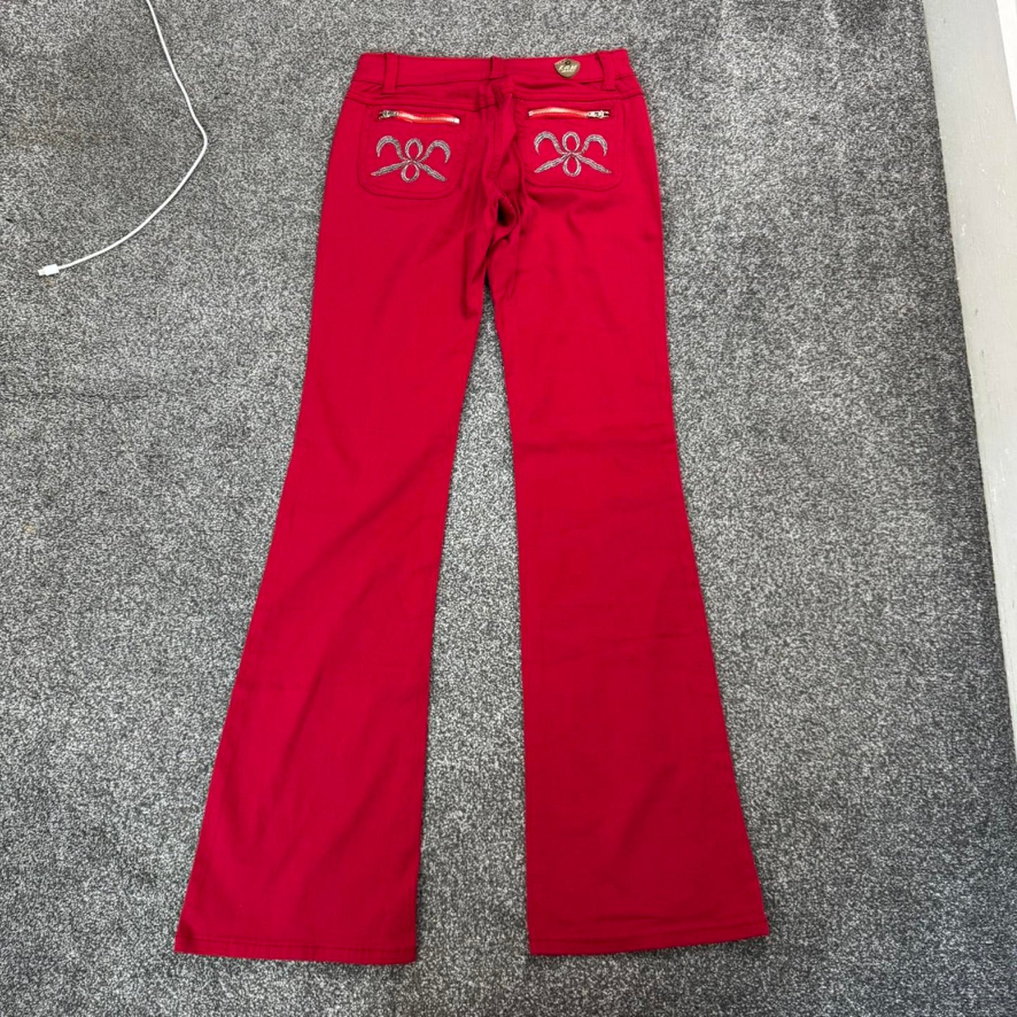 Y2K vintage low rise stretch bootcut jeans embroidered pockets bright red zipper