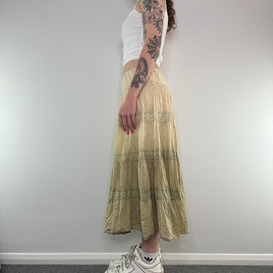 Y2K boho ombre lace trim maxi skirt