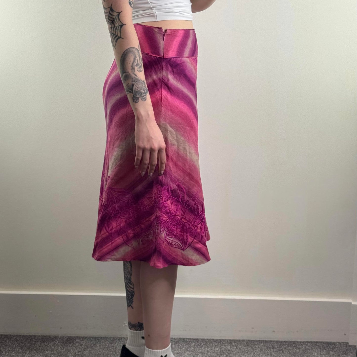 Y2K vintage 100% linen stripe midi skirt a line knee length floral embroidered