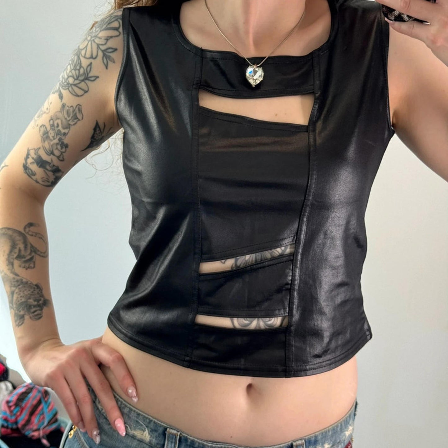 Y2K 90s vintage cut out slinky tank top crop round neck festival rave wet look