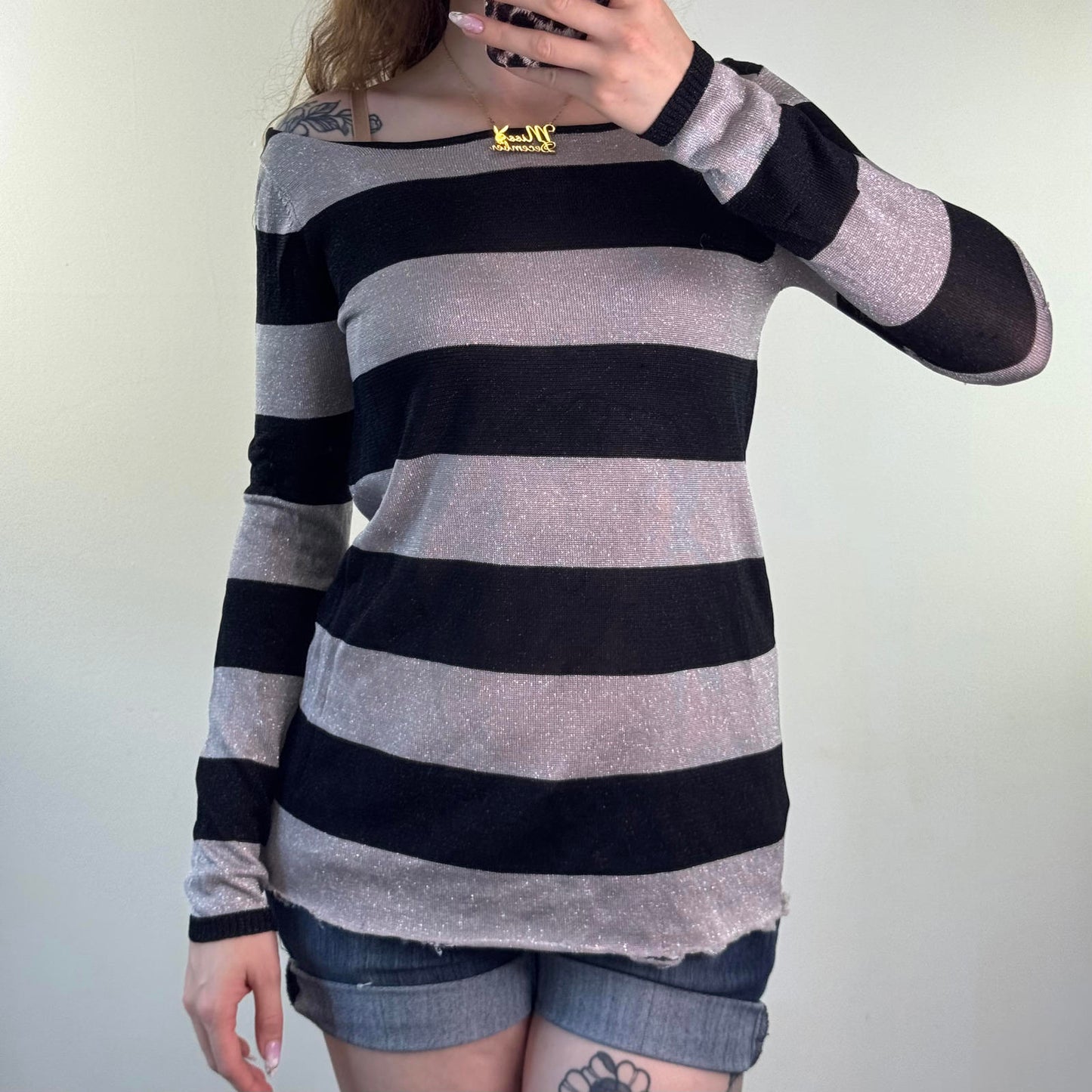 Y2K vintage fine knit stripe sparkly jumper black silver glitter