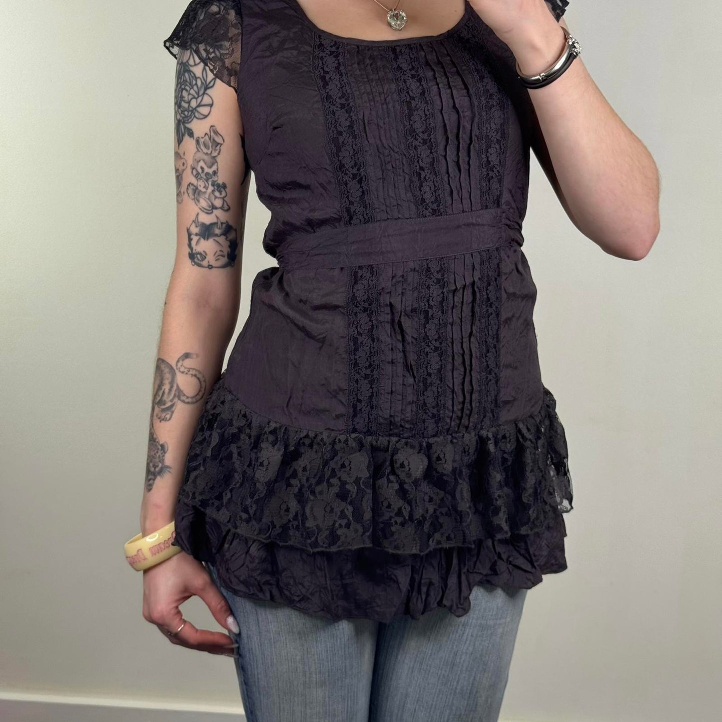 Y2K vintage coquette lace ruffle short sleeve blouse tie back bow layered tiered