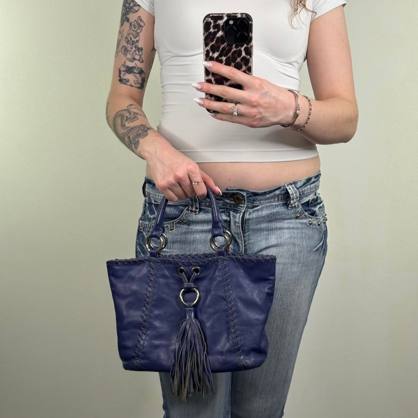 Y2K vintage genuine leather mini handbag with shoulder strap fringe woven purple