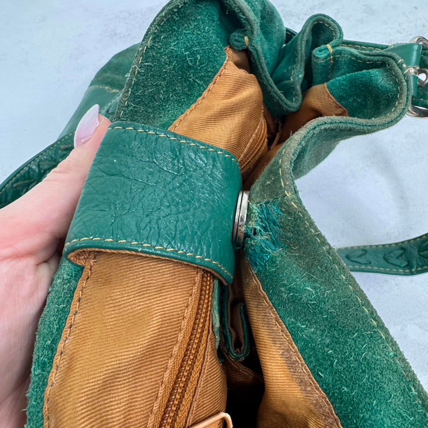 Y2K vintage genuine suede shoulder bag slouchy zipper green silver medium