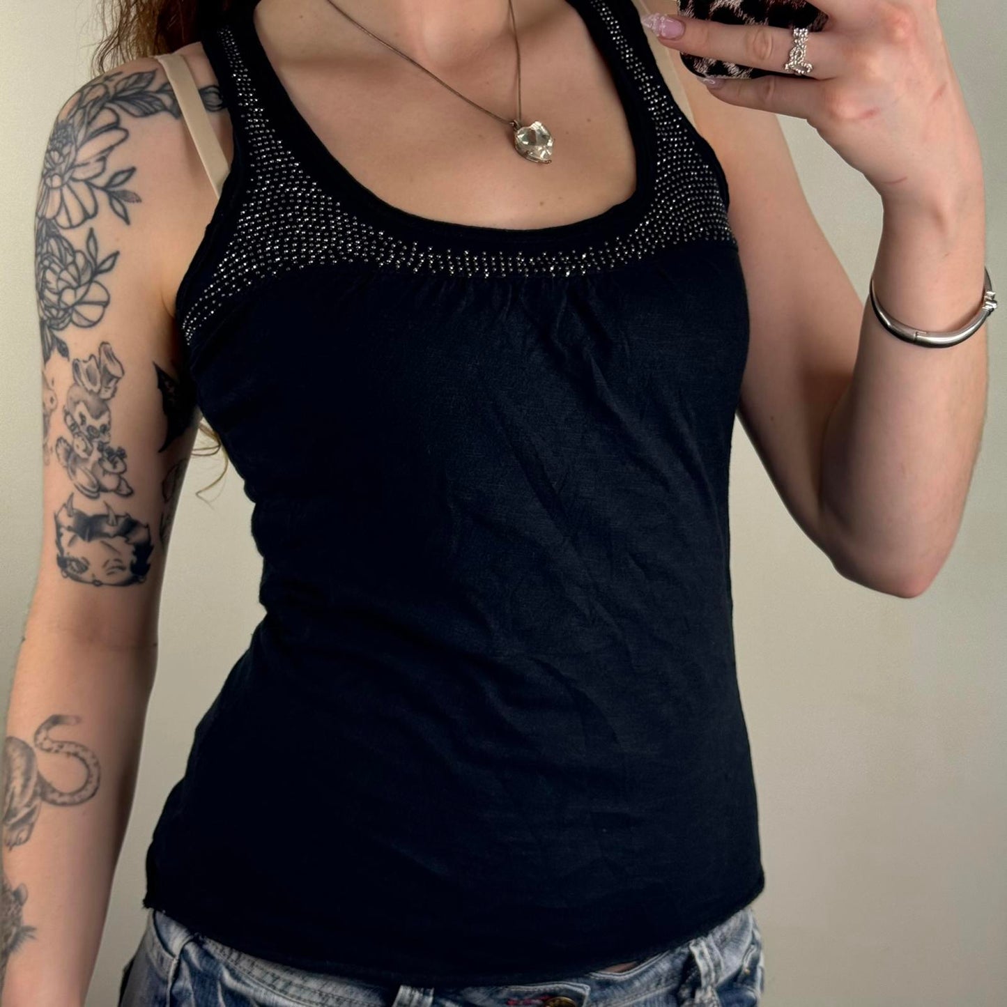 Y2K vintage tank top studded round neckline archive black flattering fit