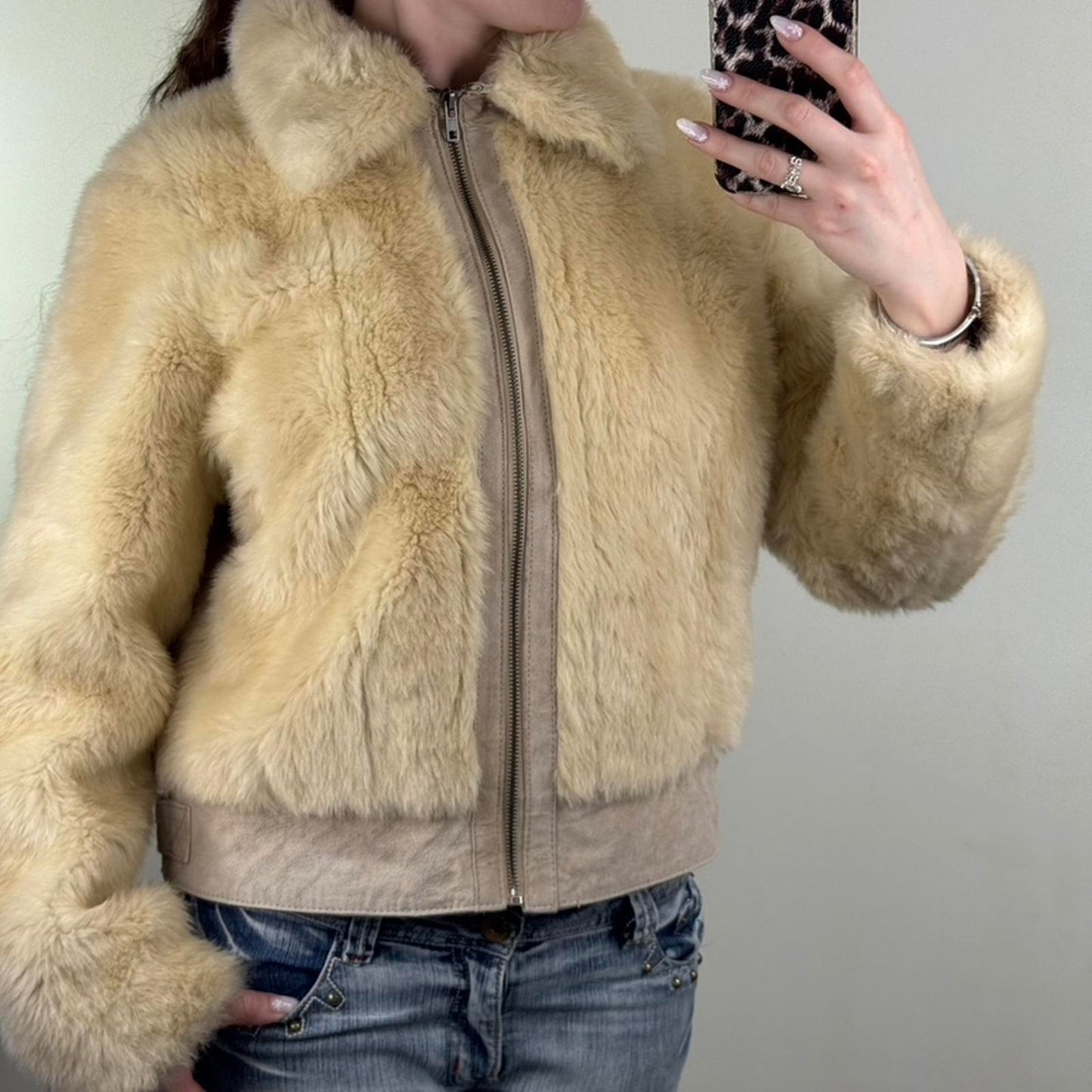 Y2K vintage faux fur zip up coat genuine suede trim collar beige fluffy