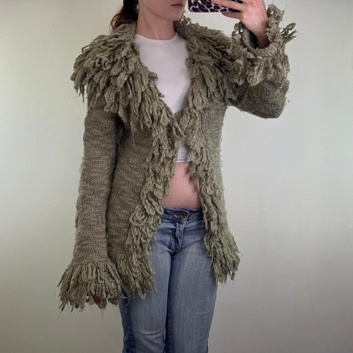 Y2K vintage wool blend shaggy chunky knit cardigan v neck mid length boho