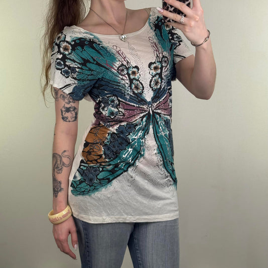 Y2K vintage butterfly slouchy t-shirt short sleeve top deep open v back graphic