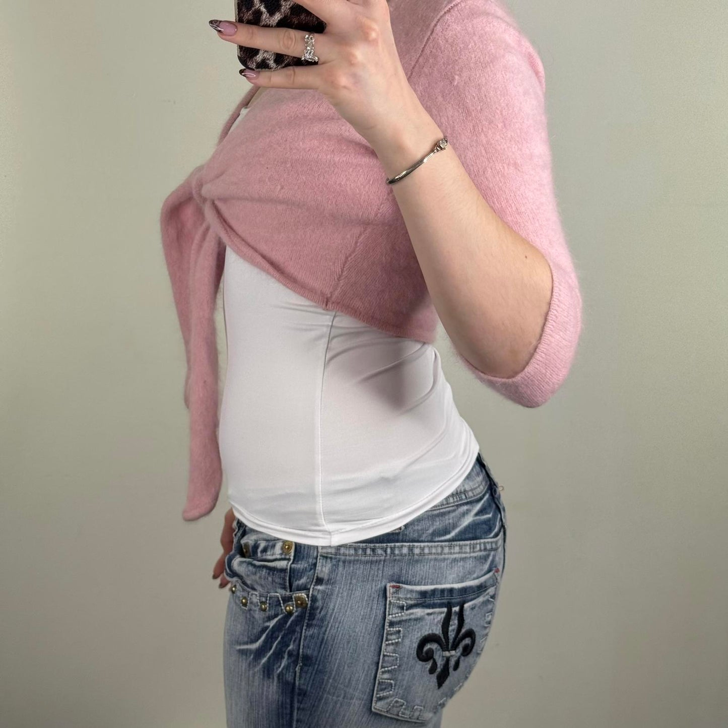 Y2K vintage knitted cropped cardigan 3/4 sleeve baby pink coquette