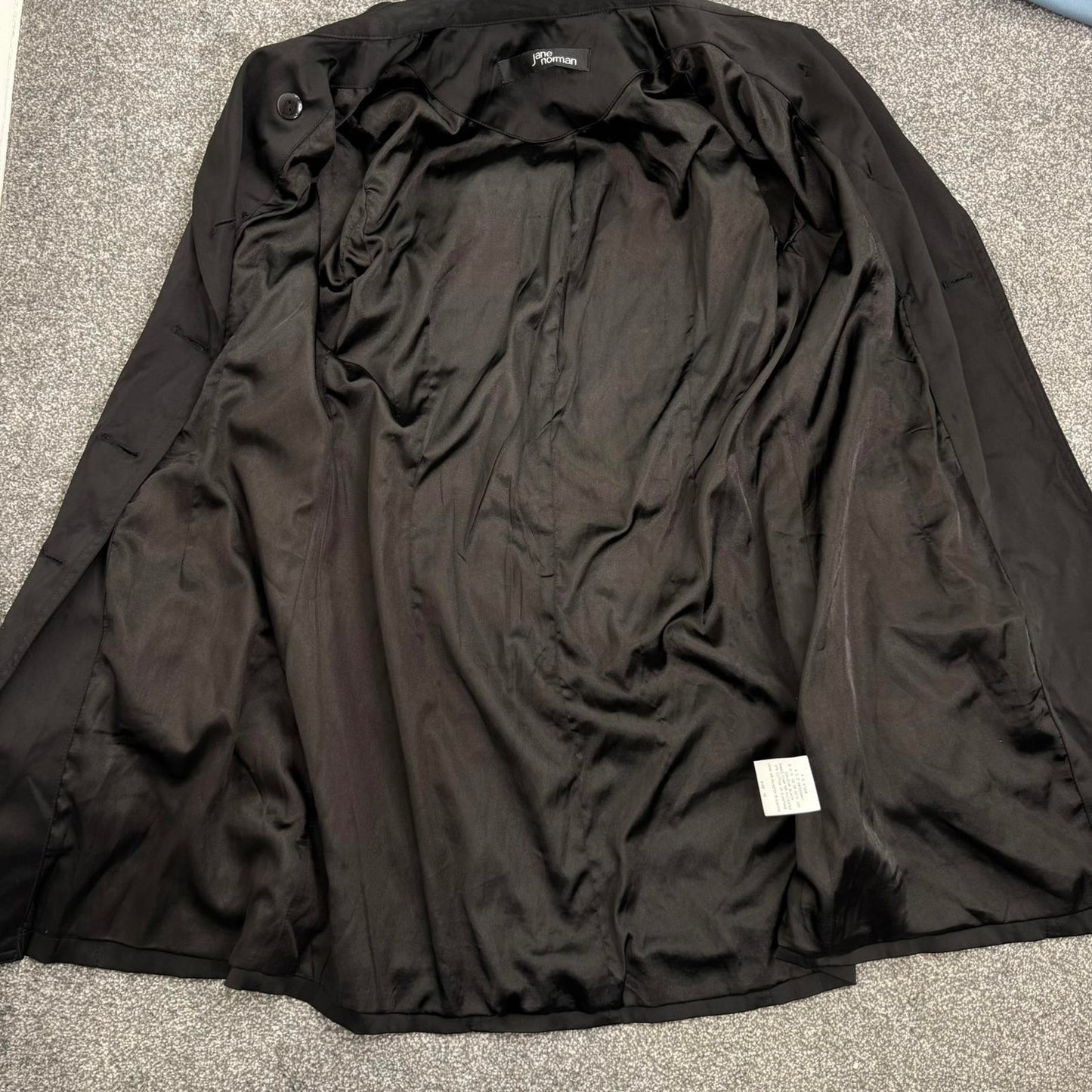 Vintage Jane Norman trench jacket short black satin button up double breasted