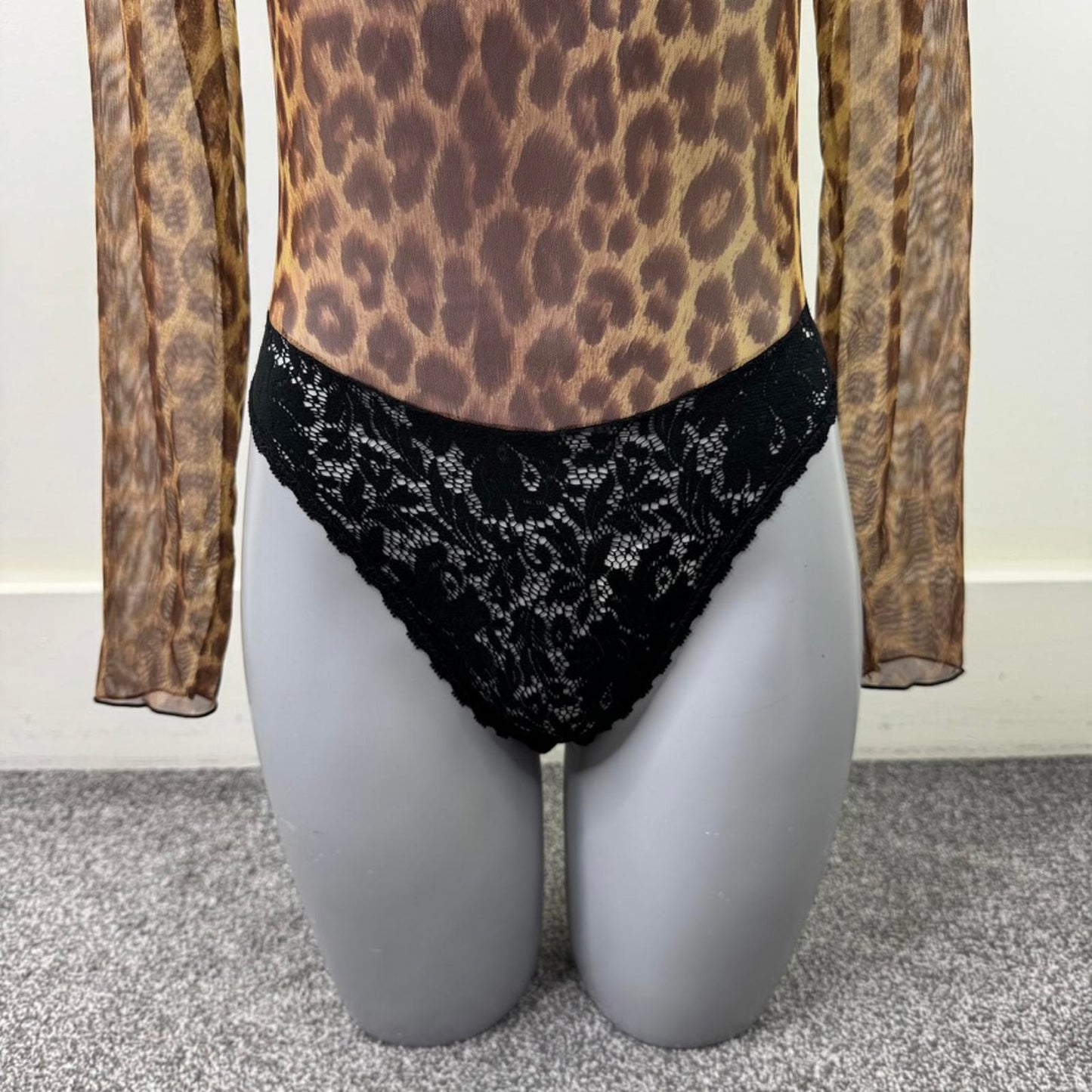 80s vintage Guy Laroche long sleeve bodysuit mesh lace leopard print sheer