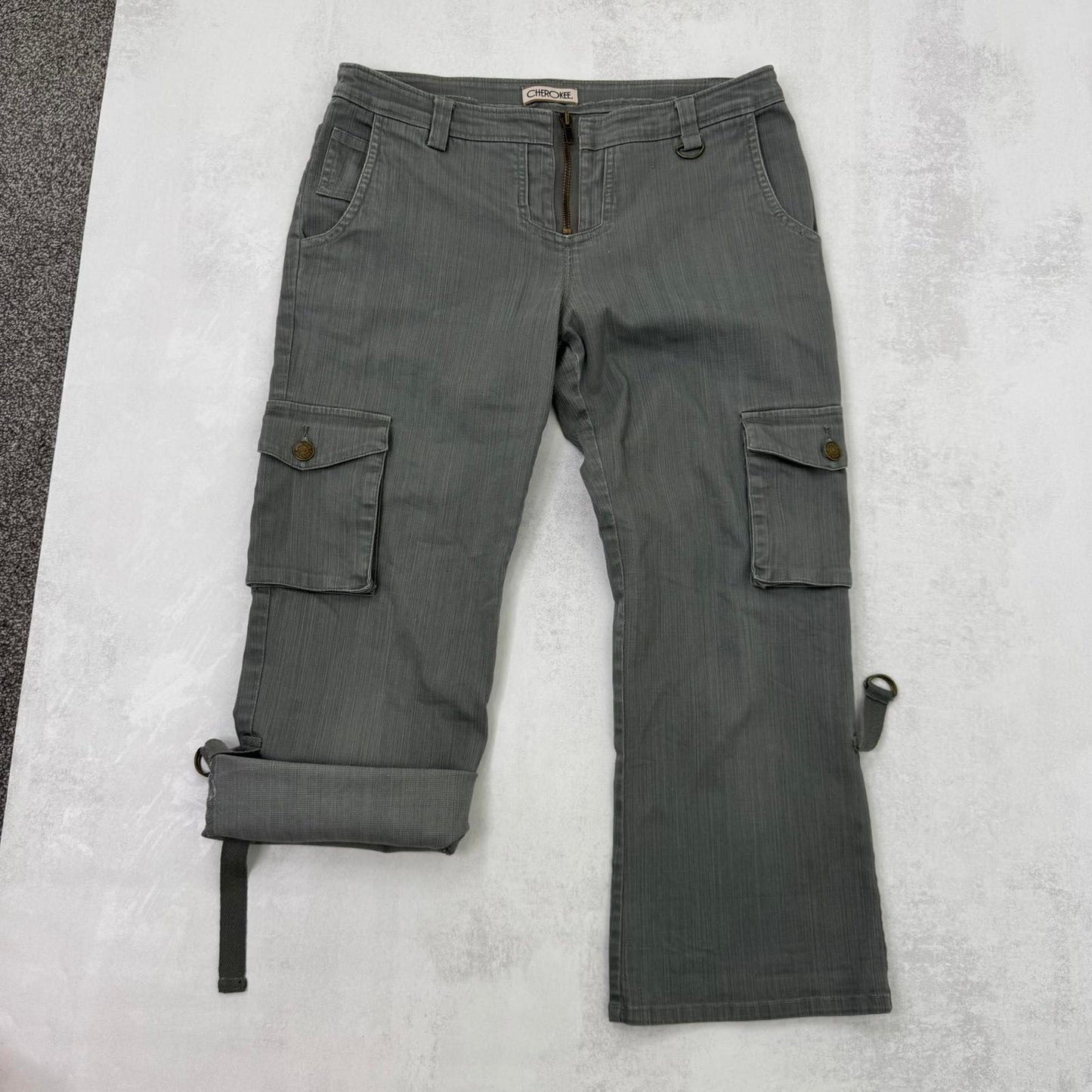Y2K vintage stretchy capri denim jeans cropped cargo front zipper light grey