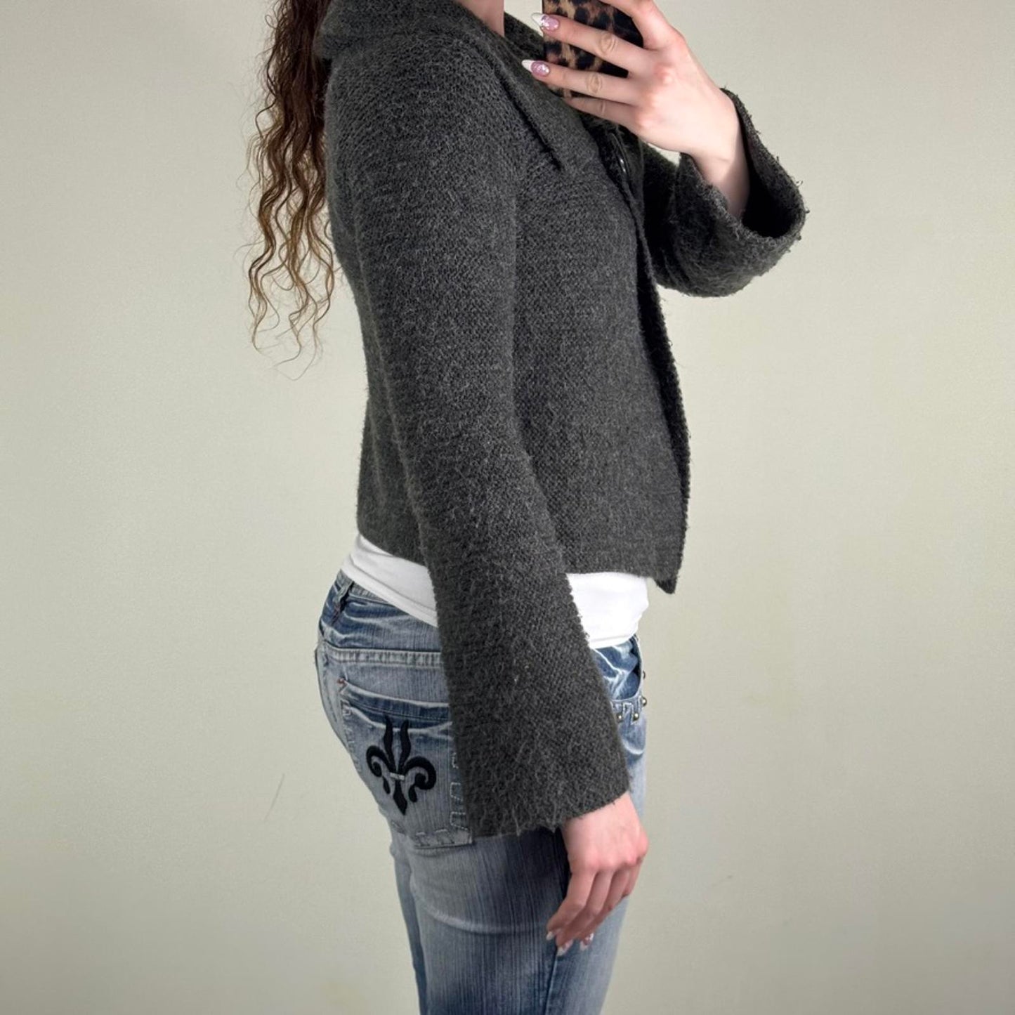 Y2K vintage knit cardigan flare sleeve button grey short length fold over neck