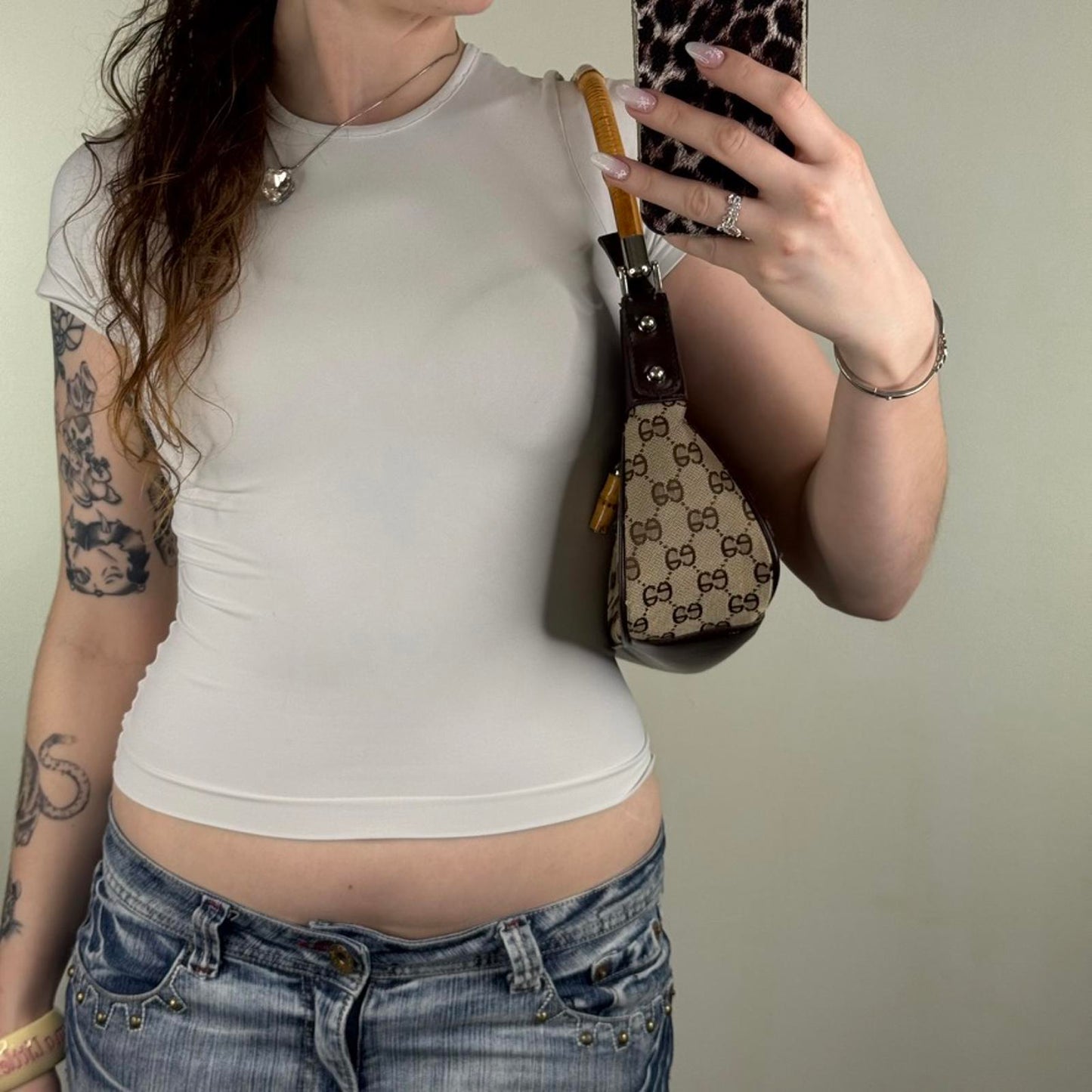 Y2K vintage shoulder bag bamboo handle small faux leather trim circle