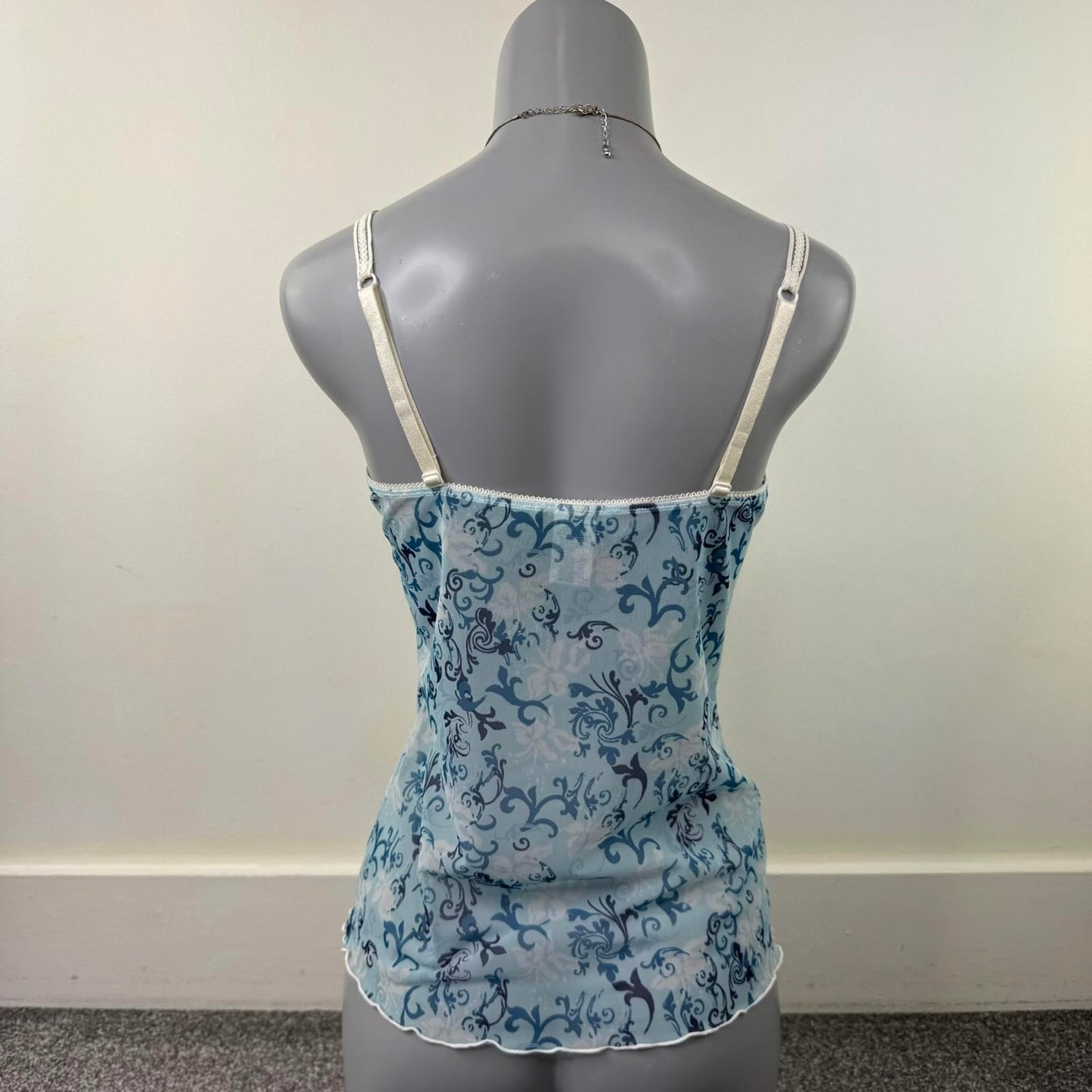 Y2K vintage mesh cami top lace trim filigree pattern bow sheer blue white fitted