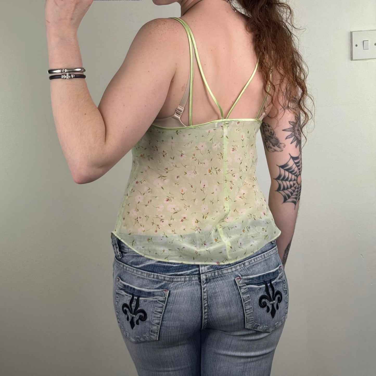 Y2K vintage ditsy floral cami top sheer bow flowy floaty flowers strappy green