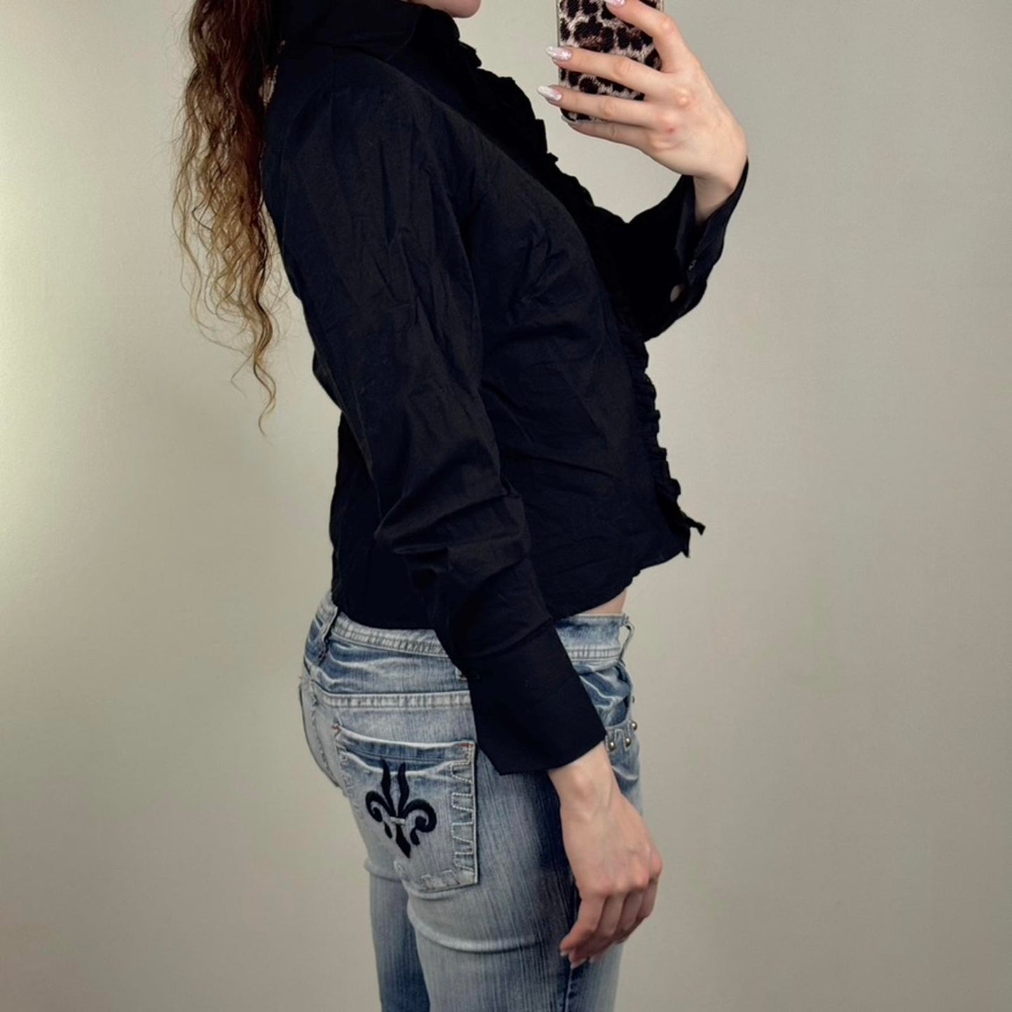 Y2K vintage Oasis button up long sleeve blouse shirt ruffle v neck stretchy