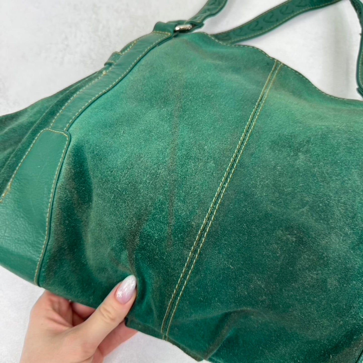 Y2K vintage genuine suede shoulder bag slouchy zipper green silver medium