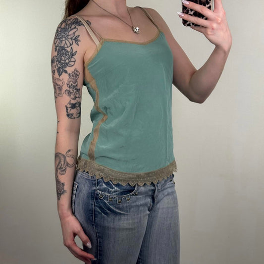 Zadig & Voltaire silk cami top turquoise blue khaki strappy mesh lace hem