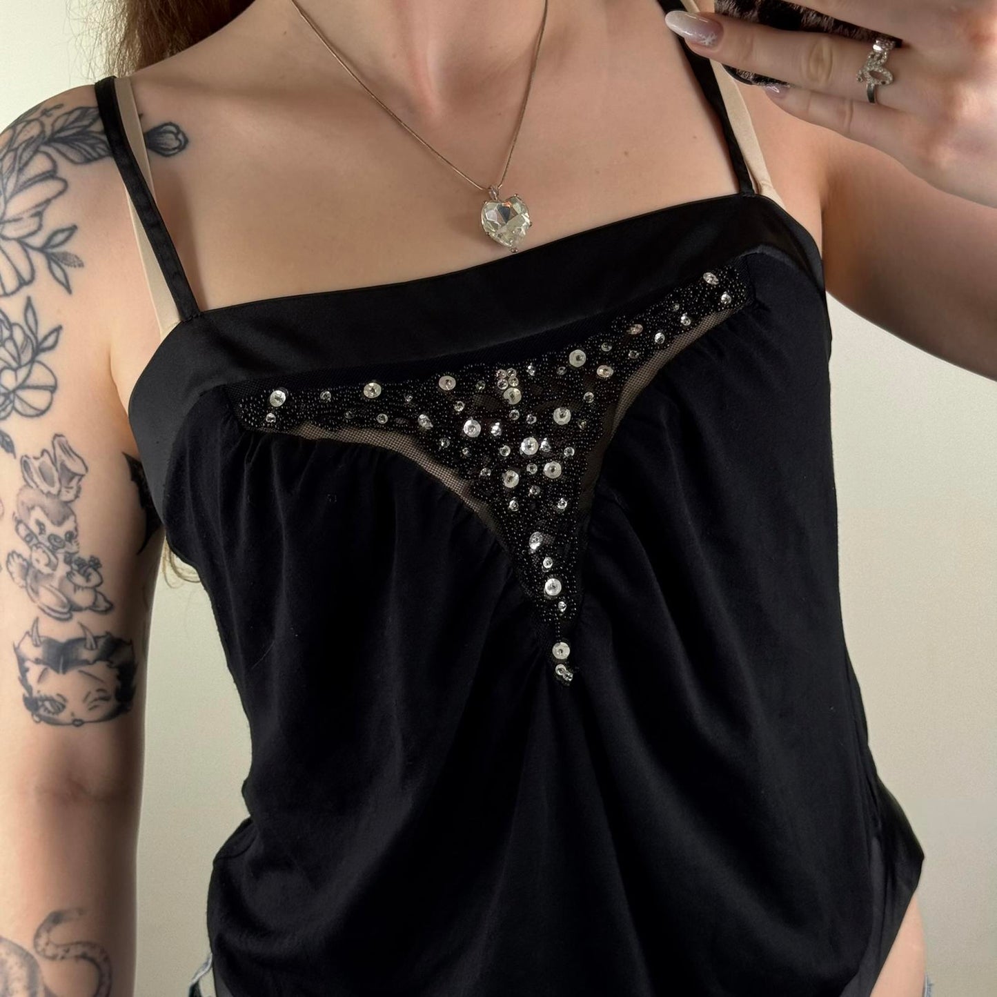 Y2K vintage cami top open back bow sequin beaded straight neck satin strappy