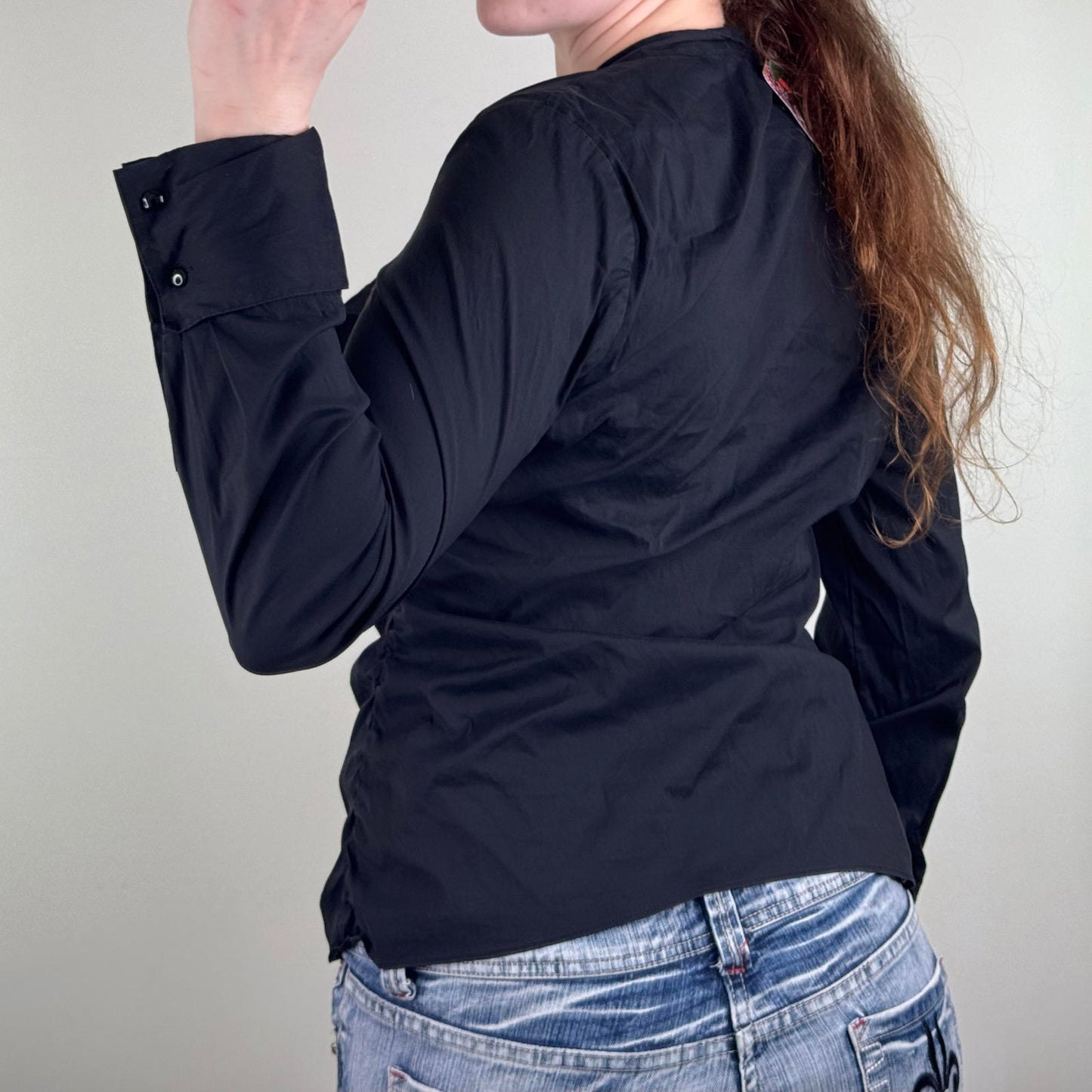 Y2K vintage blouse stretchy ruffle long sleeve v neck shirt fitted black ruched