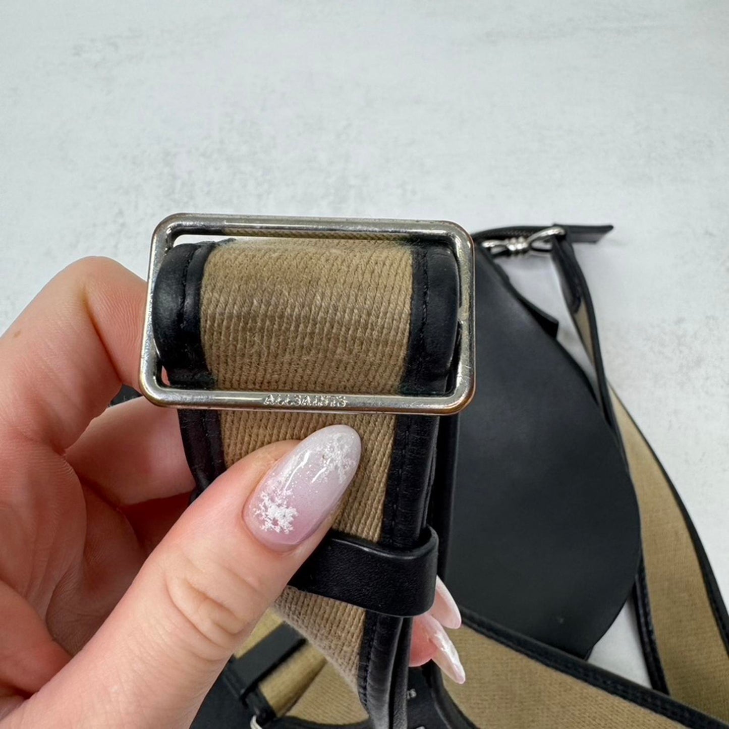 AllSaints Captain Darcy crossbody bag genuine leather circle small canvas zipper