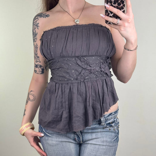 Y2K vintage boned ruched top strapless strappy rhinestone asymmetrical fraying