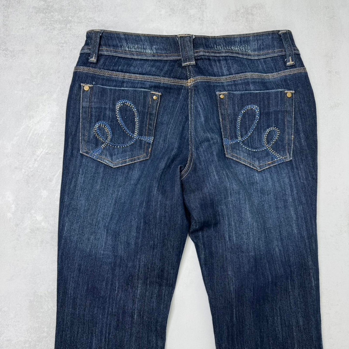 Y2K vintage low rise bootcut jeans dark blue wash studded denim stretchy