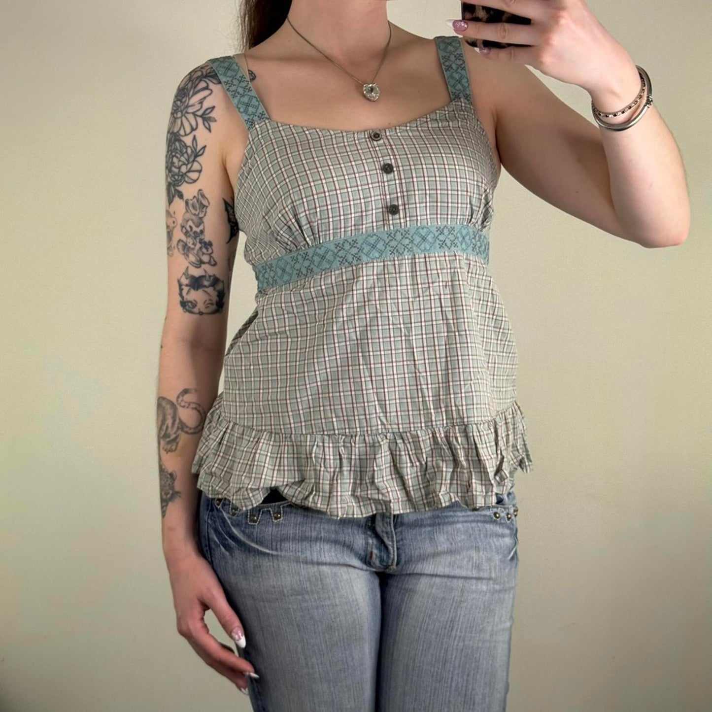 Y2K vintage tank top tartan plaid tie bow frilly button coquette light blue