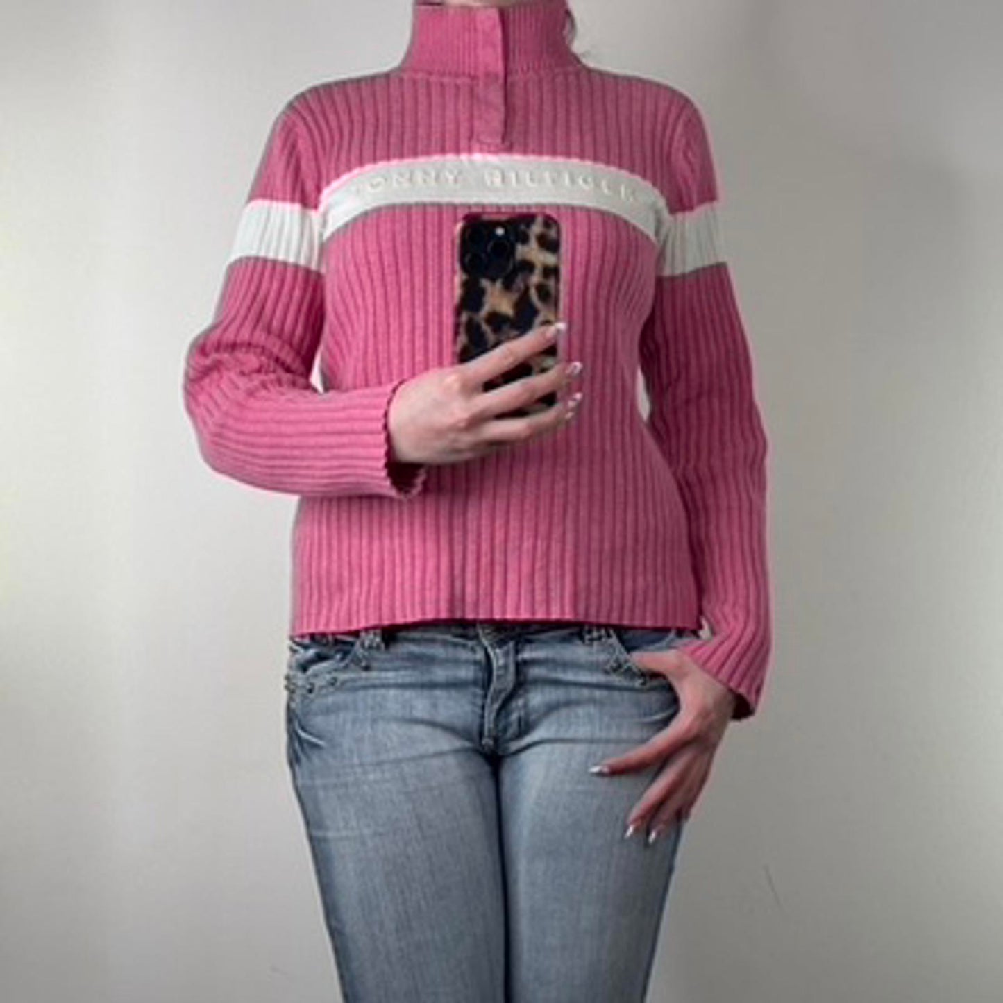 90s Y2K vintage Tommy Hilfiger jumper henley ribbed high neck pink white knit