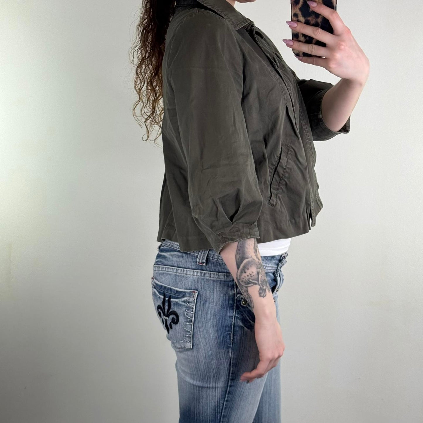 Y2K vintage military pea coat denim jacket ballon 3/4 sleeve pleated cropped