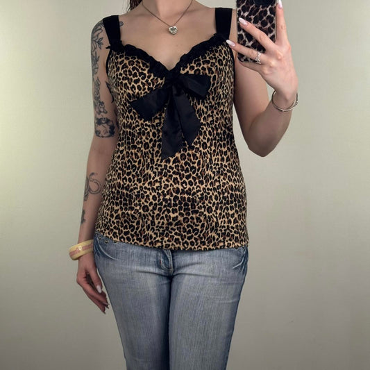Y2K vintage leopard cami top oversize bow tank print ruffle bust v neck