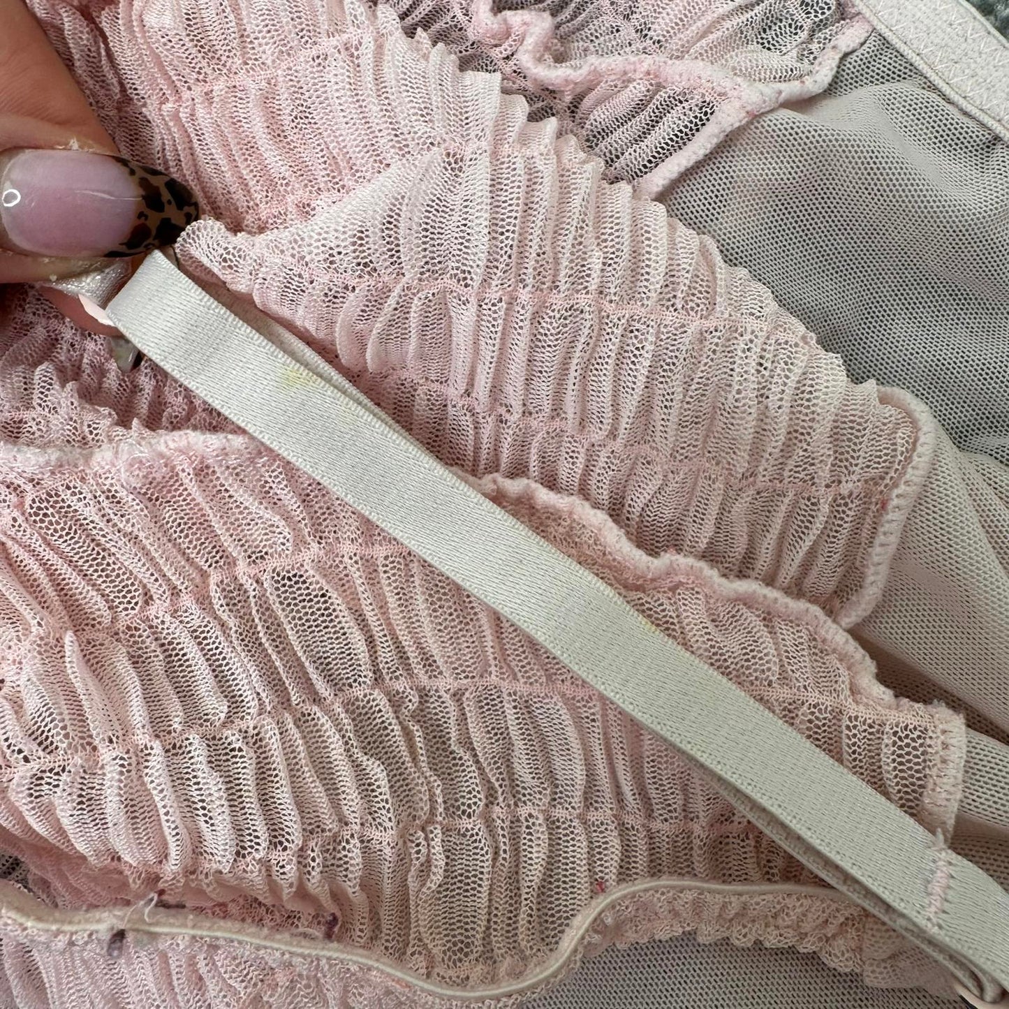 Y2K vintage mesh cami top crinkle rose baby pink lettuce hem cropped sheer