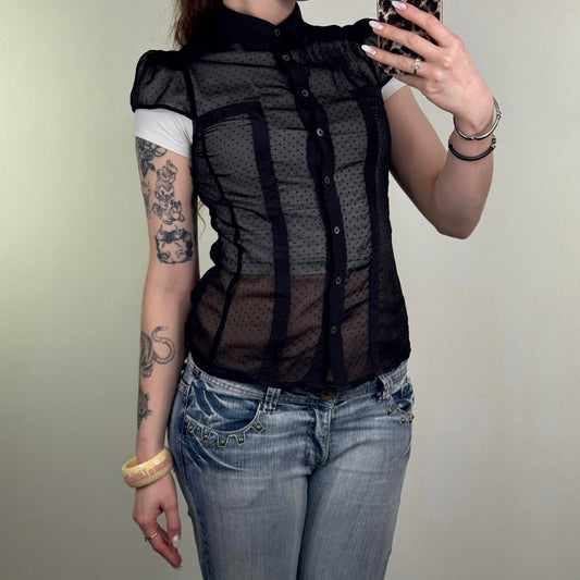 Vintage Karen Millen silk sheer short sleeve button up blouse polka dot puff cap