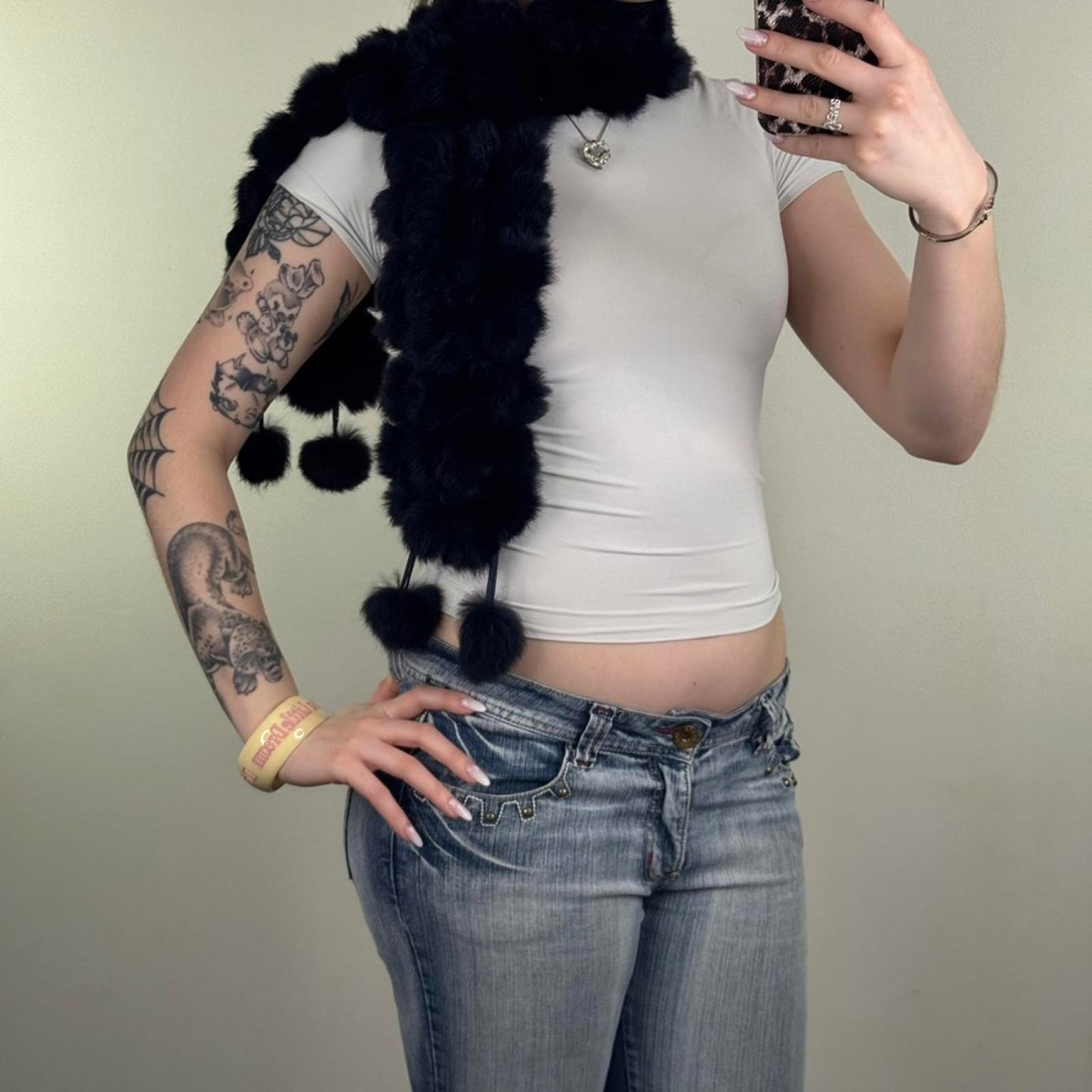 Y2K vintage genuine real fur scarf pom poms navy
