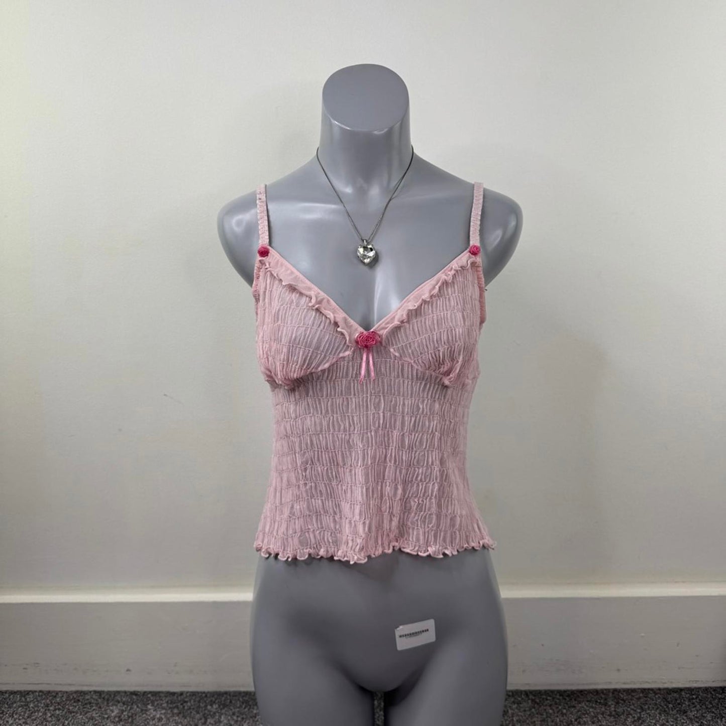 Y2K vintage mesh cami top crinkle rose baby pink lettuce hem cropped sheer